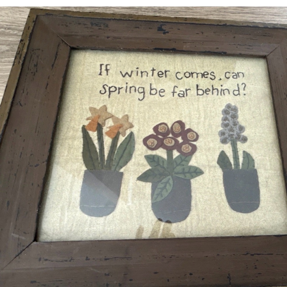Framed Spring Quote Wall Art in Brown with Floral Pots